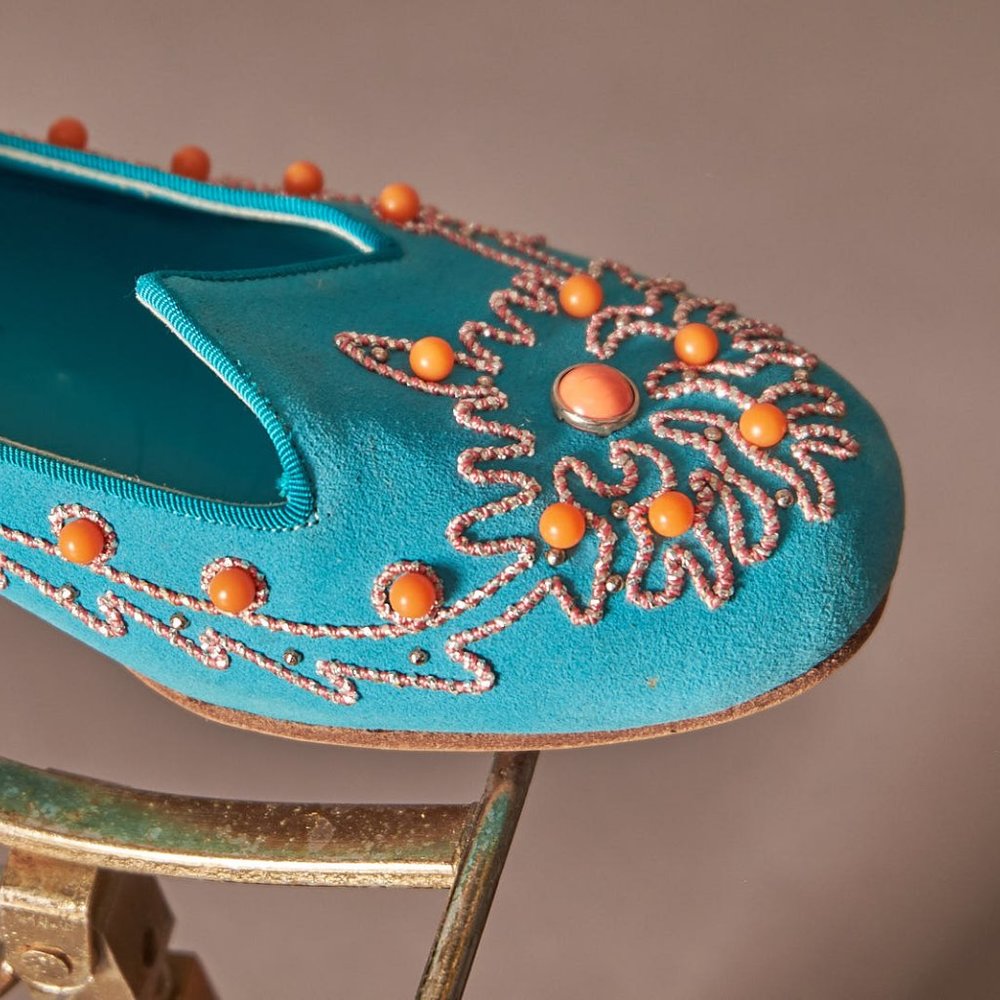 1960 Ted Saval Teal Beaded Genie Flats Shoes